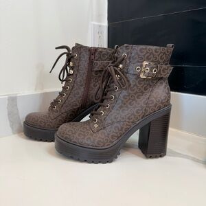 GBG Los Angeles Brown Lace-Up Platform Ankle Boots with Buckle Accent